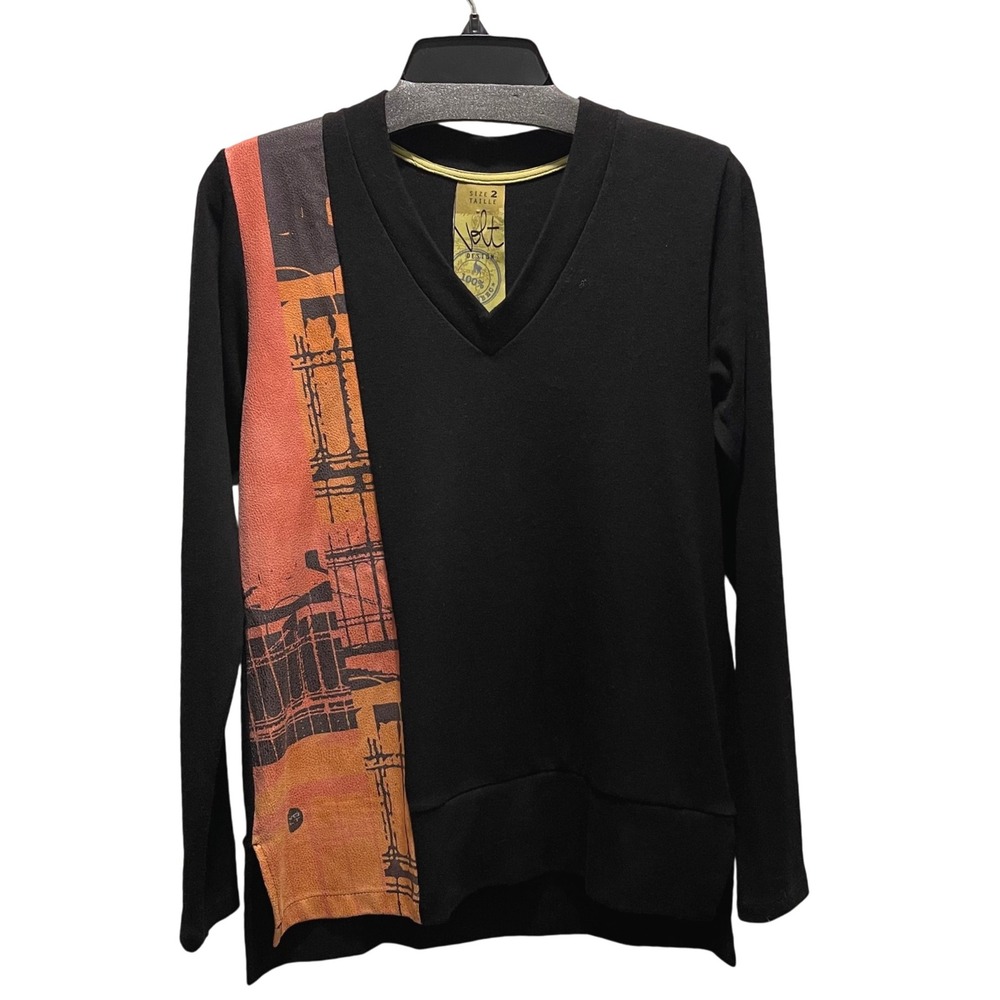 Volt Design Black V Neck Long Sleeve Top Graphic Print‎ Panel Size 2 Small